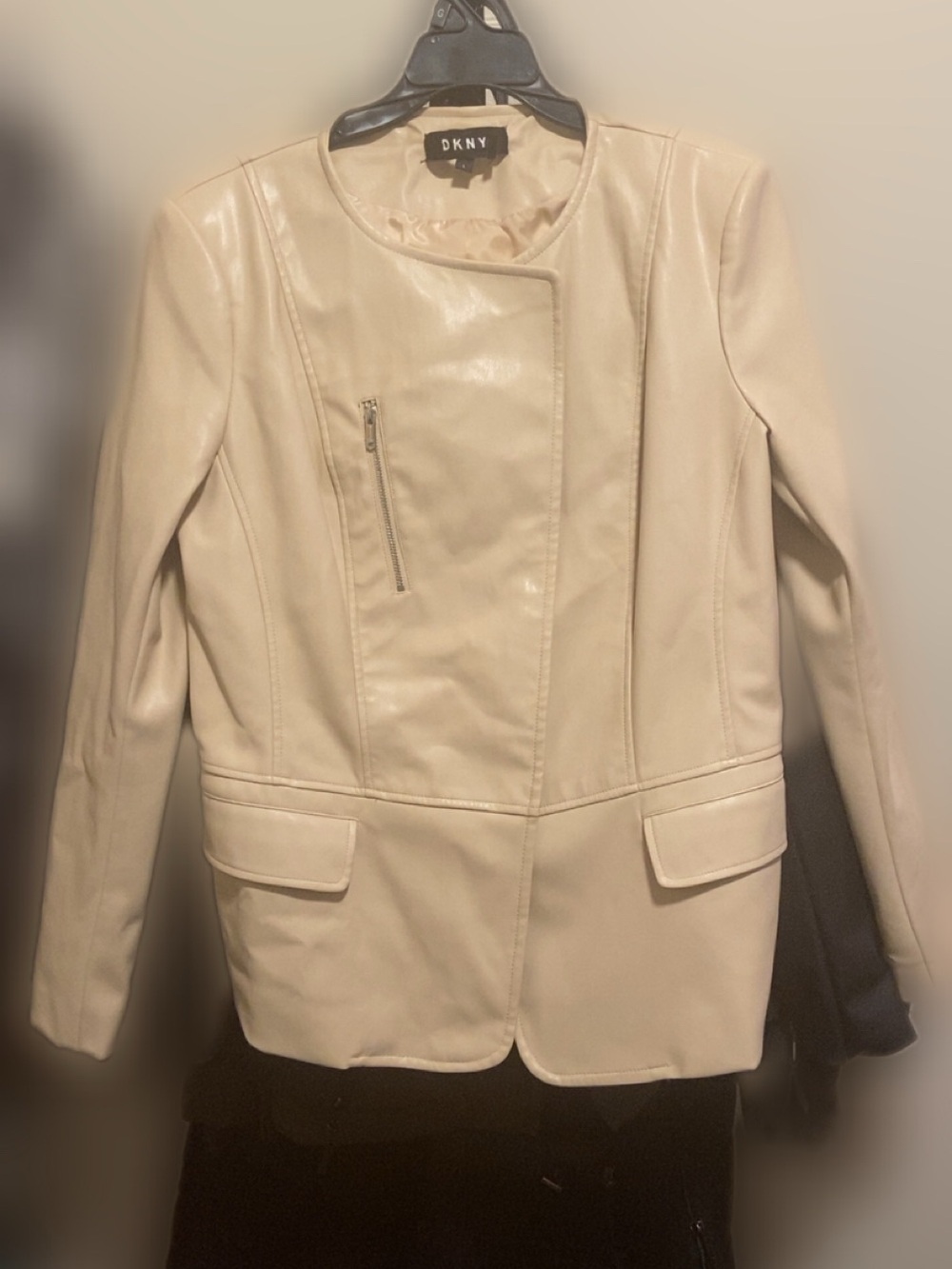 DKNY Cream Leather Collarless Moto Jacket